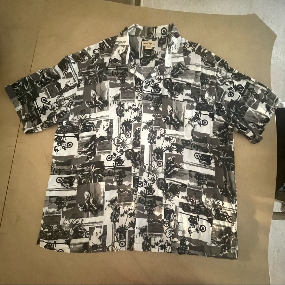 Panama Jack Motorcycle Club Rayon Hawaiian Shirt Men’s XXL Black Gray Camp